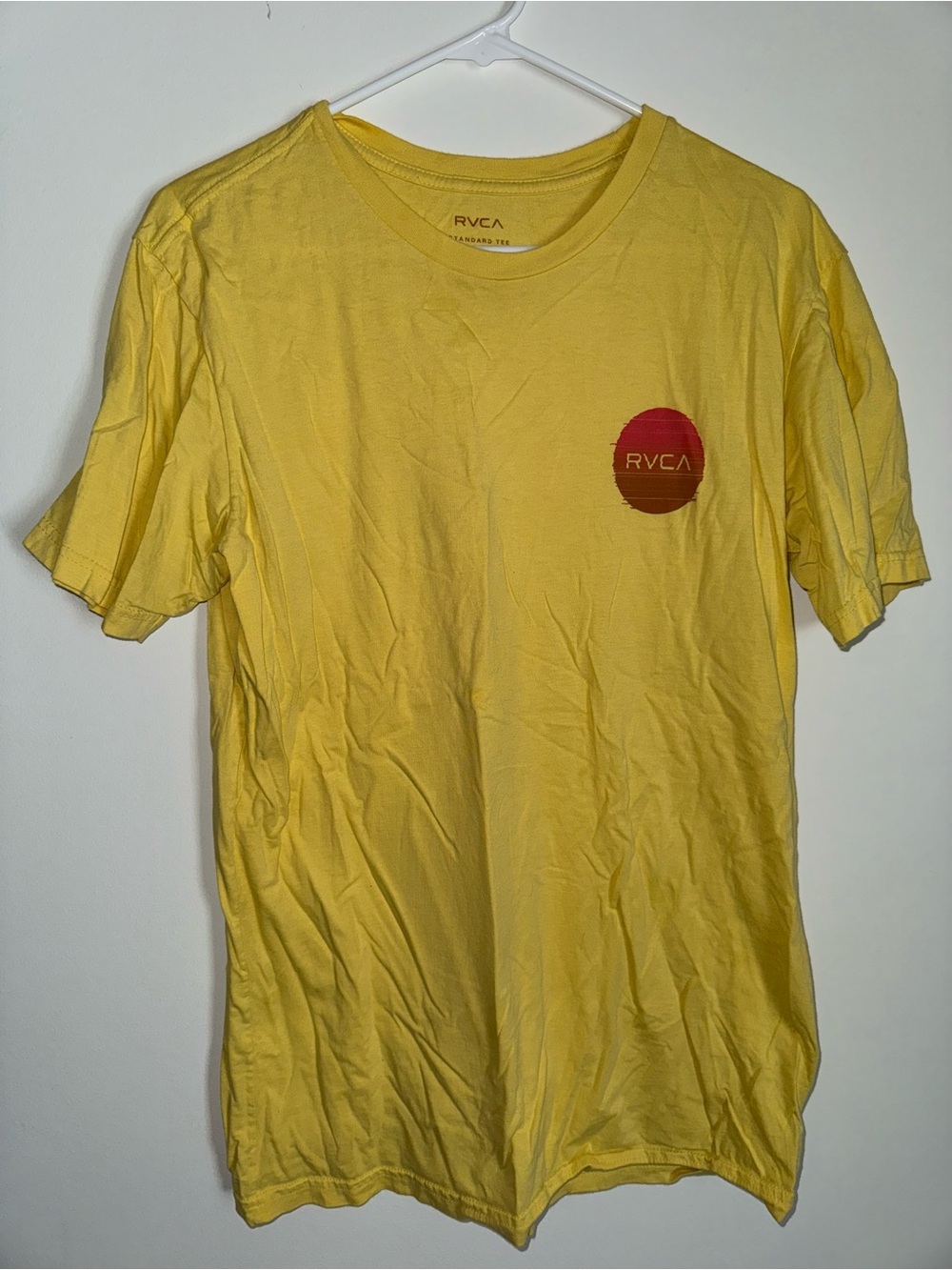 RVCA Yellow Short Sleeve Tee with Red Logo Chest Patch
